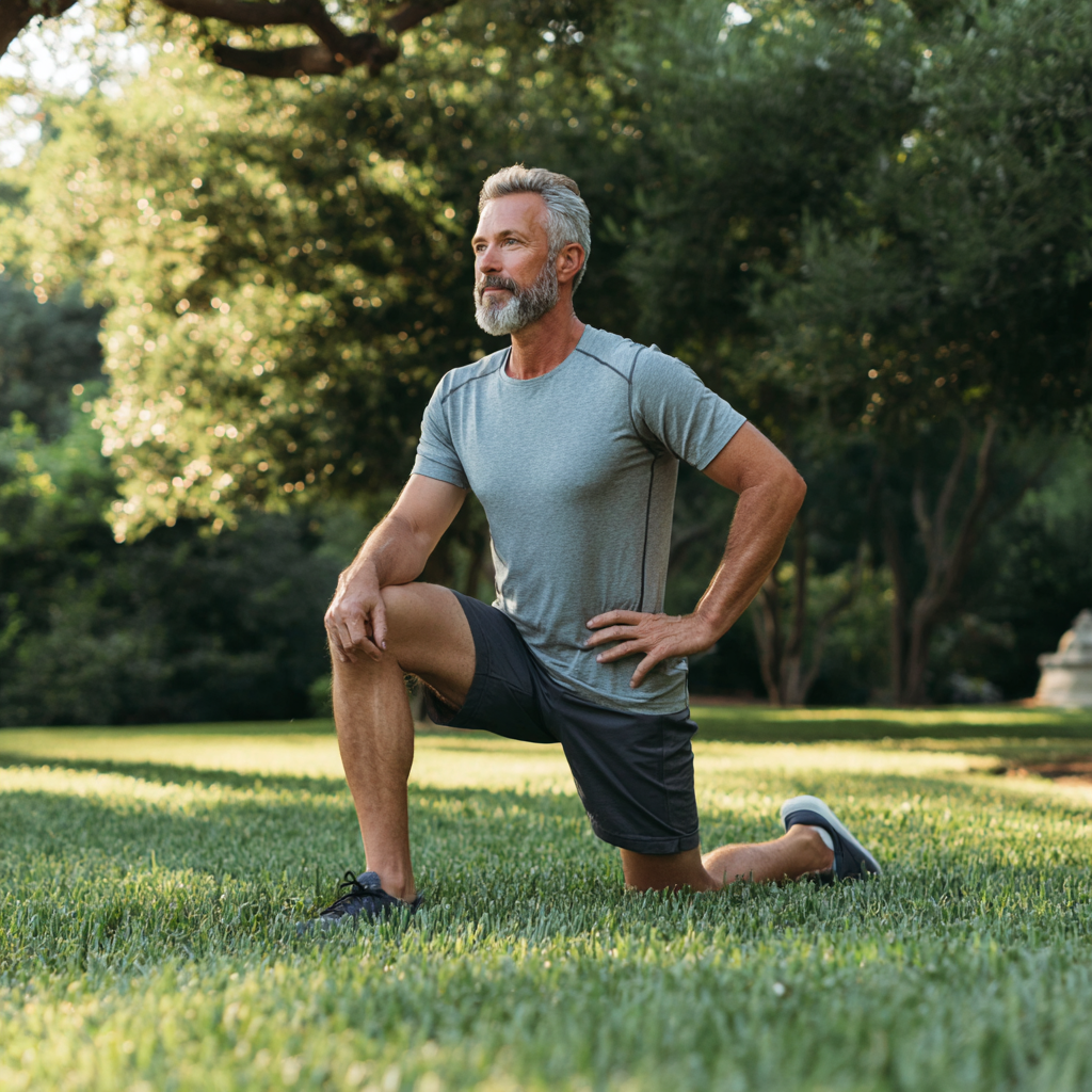Middle-aged adult performing gentle stability exercise in natural outdoor setting